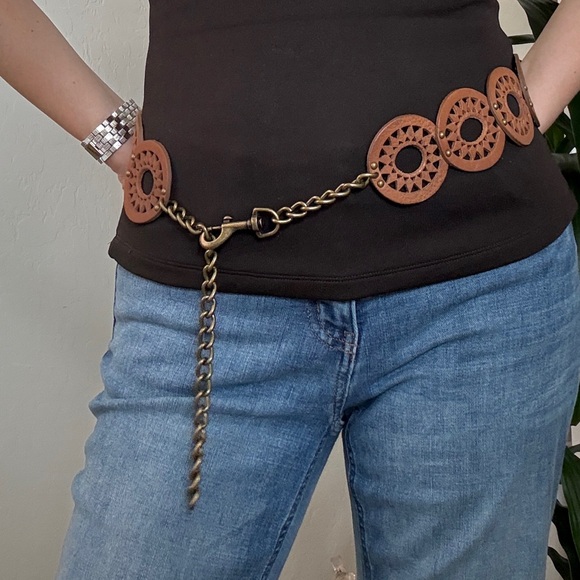Boho Western Wide Hip Belt Faux Leather Cutout Studded Belt Cognac Cowgirl - Picture 1 of 6